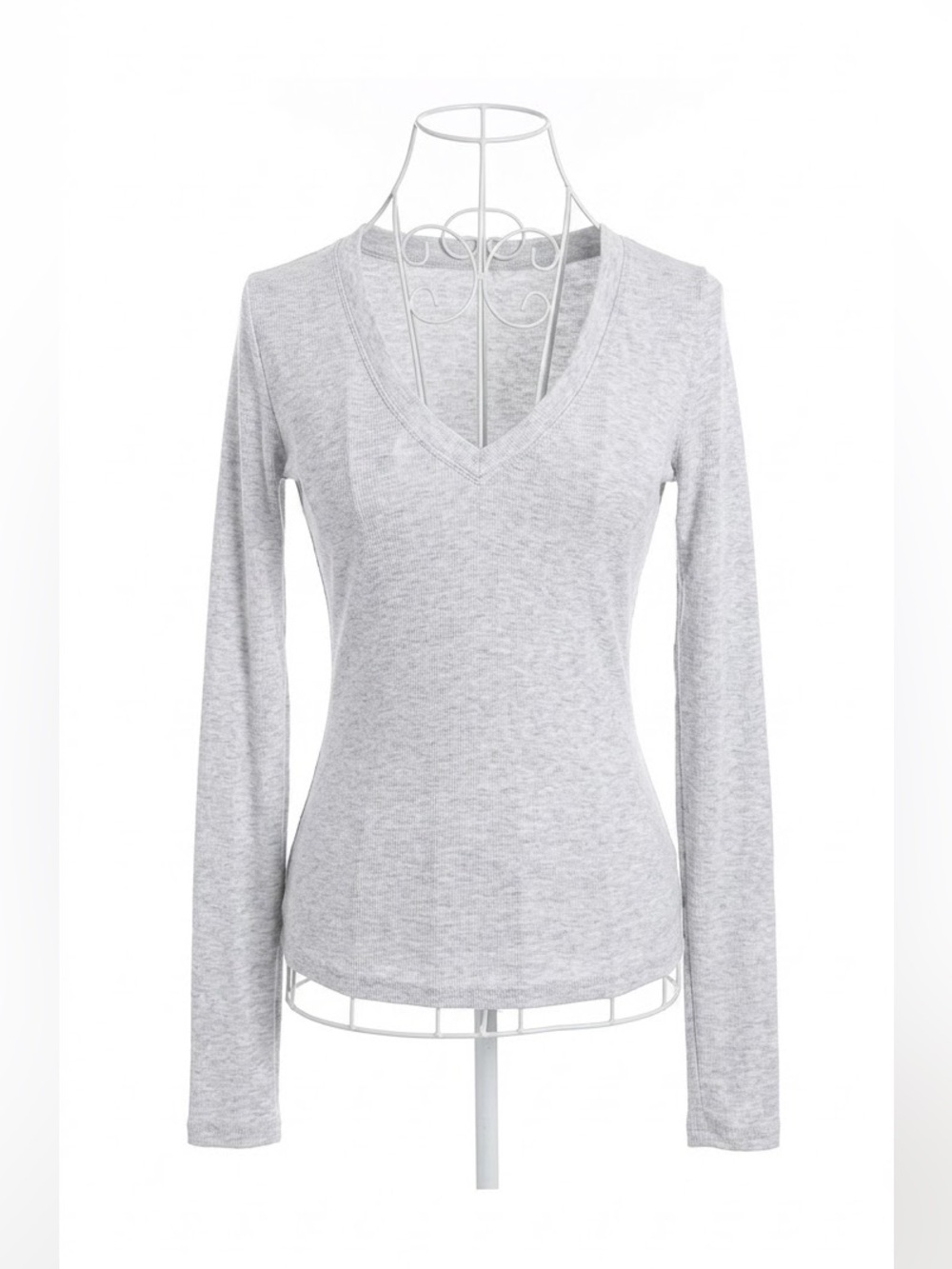 GARAGE Heather Grey Ribbed V-Neck Long Sleeve Top Fitted/ Size Small
